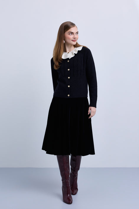 Design Knit Button Front Cardigan With Fluted Contrast Collar