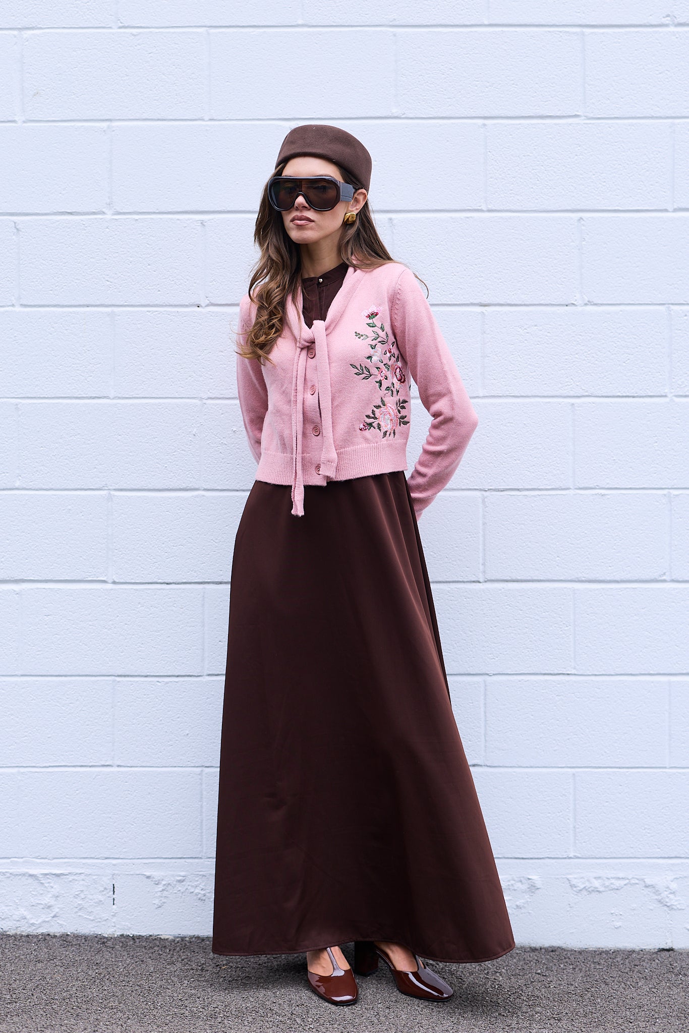 Dropped Neck Front Tie Embroidery Cropped Cardigan