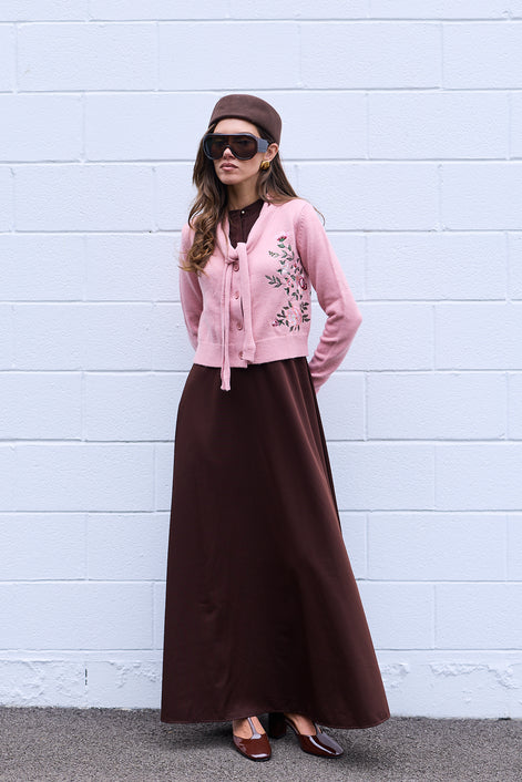 Dropped Neck Front Tie Embroidery Cropped Cardigan