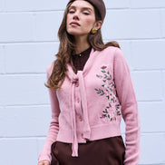 Dropped Neck Front Tie Embroidery Cropped Cardigan
