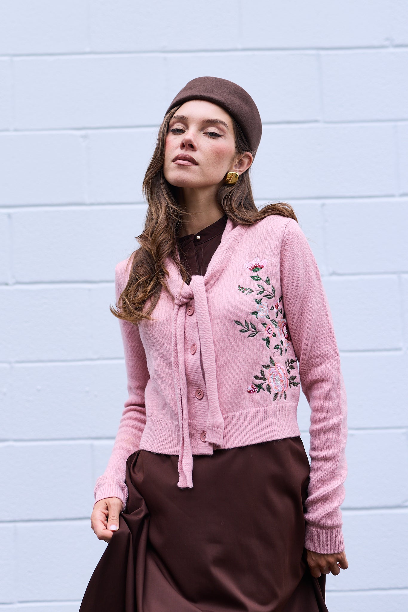 Dropped Neck Front Tie Embroidery Cropped Cardigan