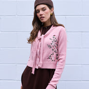 Dropped Neck Front Tie Embroidery Cropped Cardigan