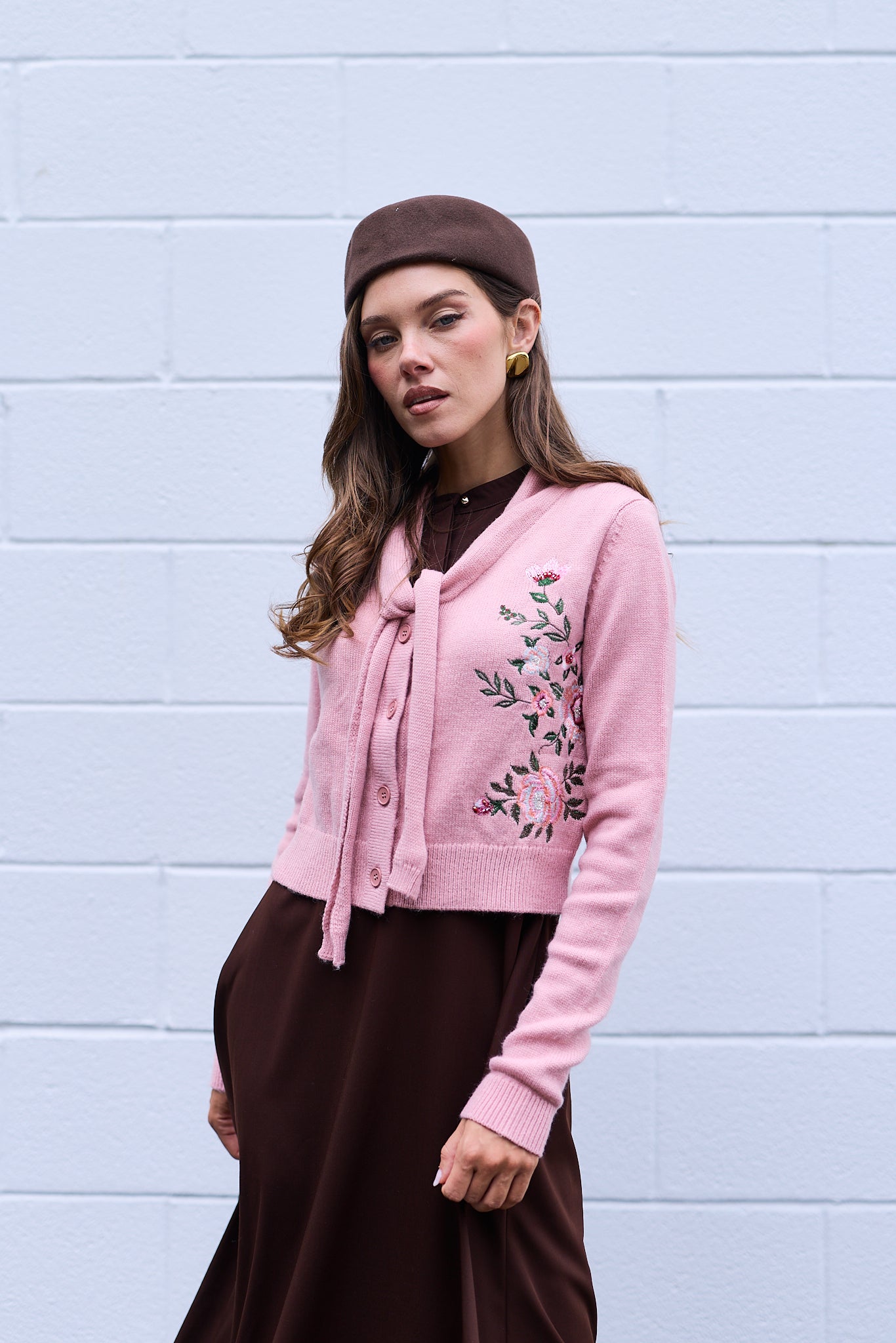 Dropped Neck Front Tie Embroidery Cropped Cardigan