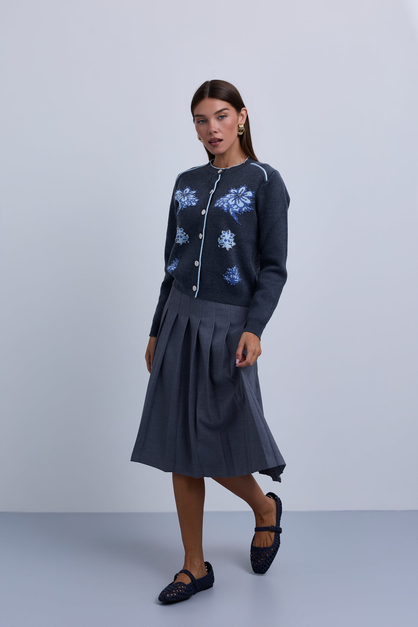 Button Front knit Cardigan with Piping Details and Beaded Flowers
