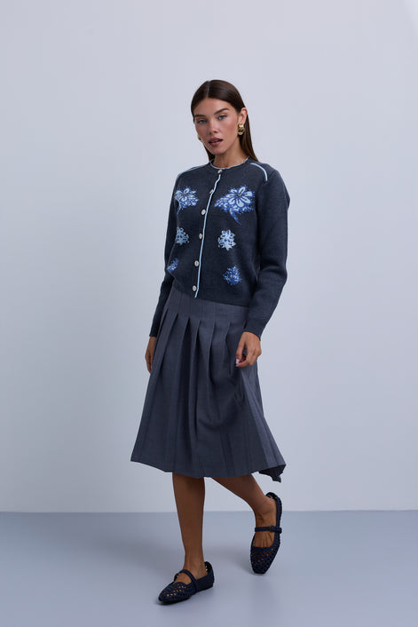 Button Front knit Cardigan with Piping Details and Beaded Flowers