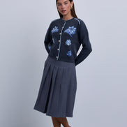Button Front knit Cardigan with Piping Details and Beaded Flowers