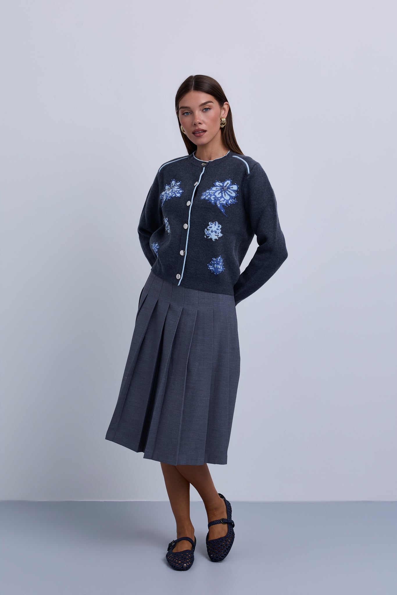 Button Front knit Cardigan with Piping Details and Beaded Flowers