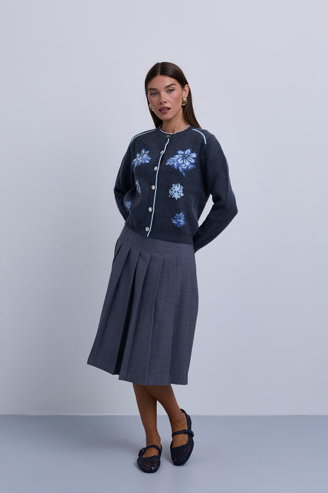 Button Front knit Cardigan with Piping Details and Beaded Flowers