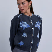 Button Front knit Cardigan with Piping Details and Beaded Flowers