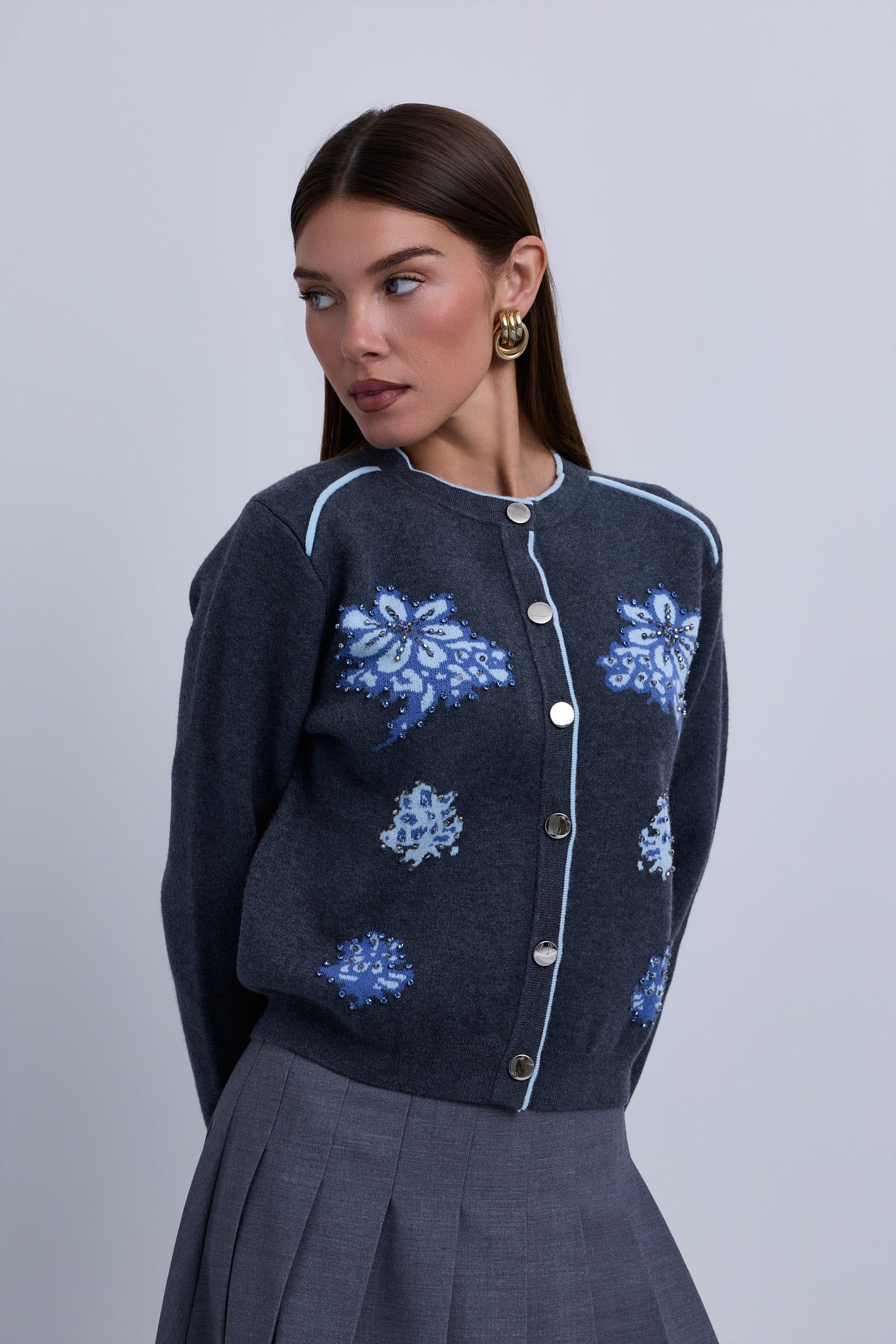 Button Front knit Cardigan with Piping Details and Beaded Flowers