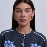 Button Front knit Cardigan with Piping Details and Beaded Flowers