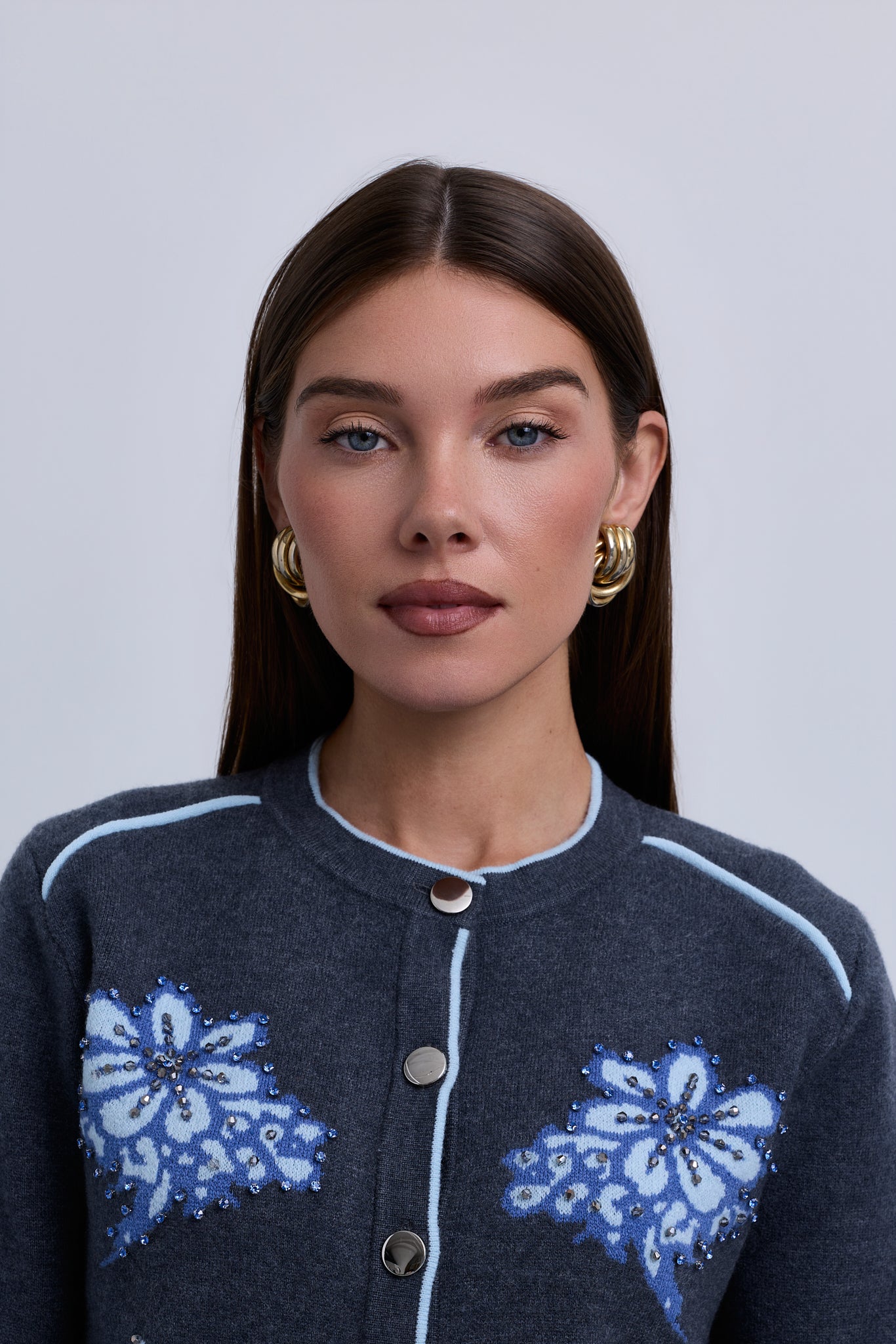 Button Front knit Cardigan with Piping Details and Beaded Flowers