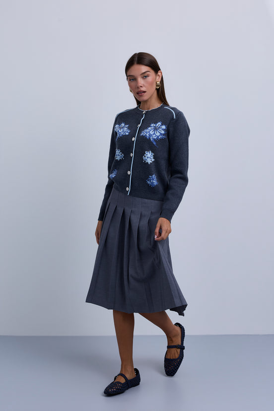 Button Front knit Cardigan with Piping Details and Beaded Flowers
