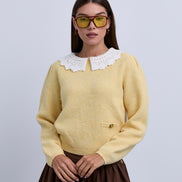 Soft Feel Knit Top with Crochet Collar and Side Pocket