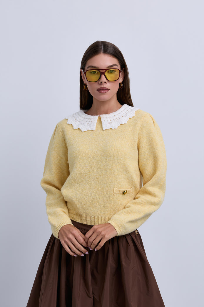 Soft Feel Knit Top with Crochet Collar and Side Pocket