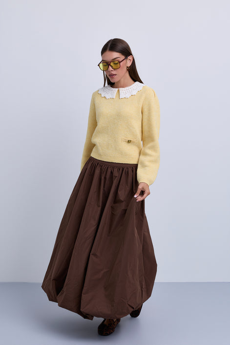Soft Feel Knit Top with Crochet Collar and Side Pocket