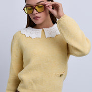 Soft Feel Knit Top with Crochet Collar and Side Pocket