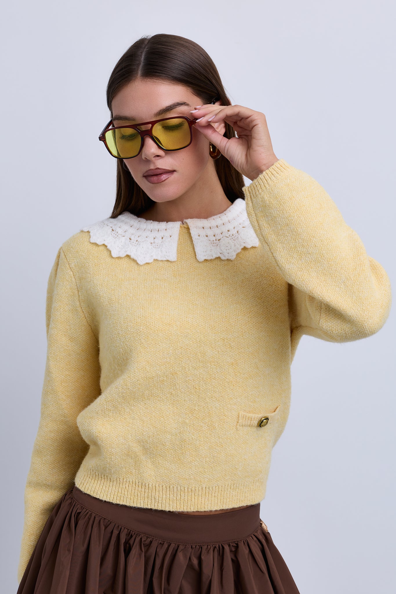 Soft Feel Knit Top with Crochet Collar and Side Pocket