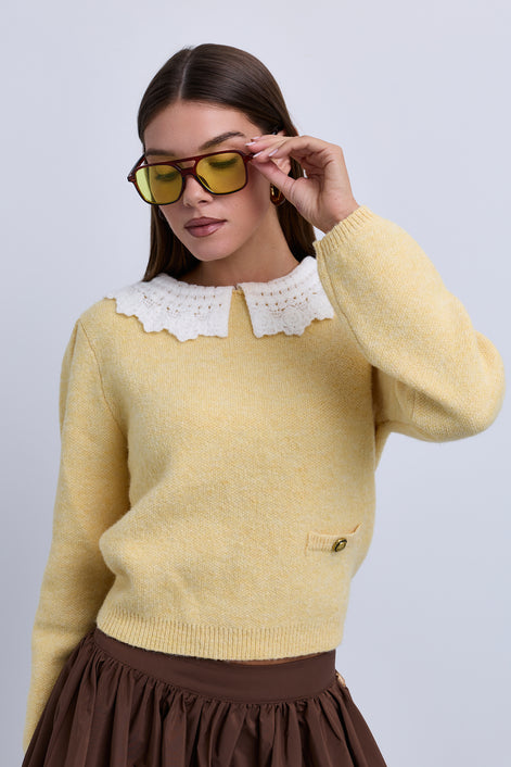 Soft Feel Knit Top with Crochet Collar and Side Pocket