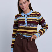 Colour Block Stripey Polo Style Knit Top