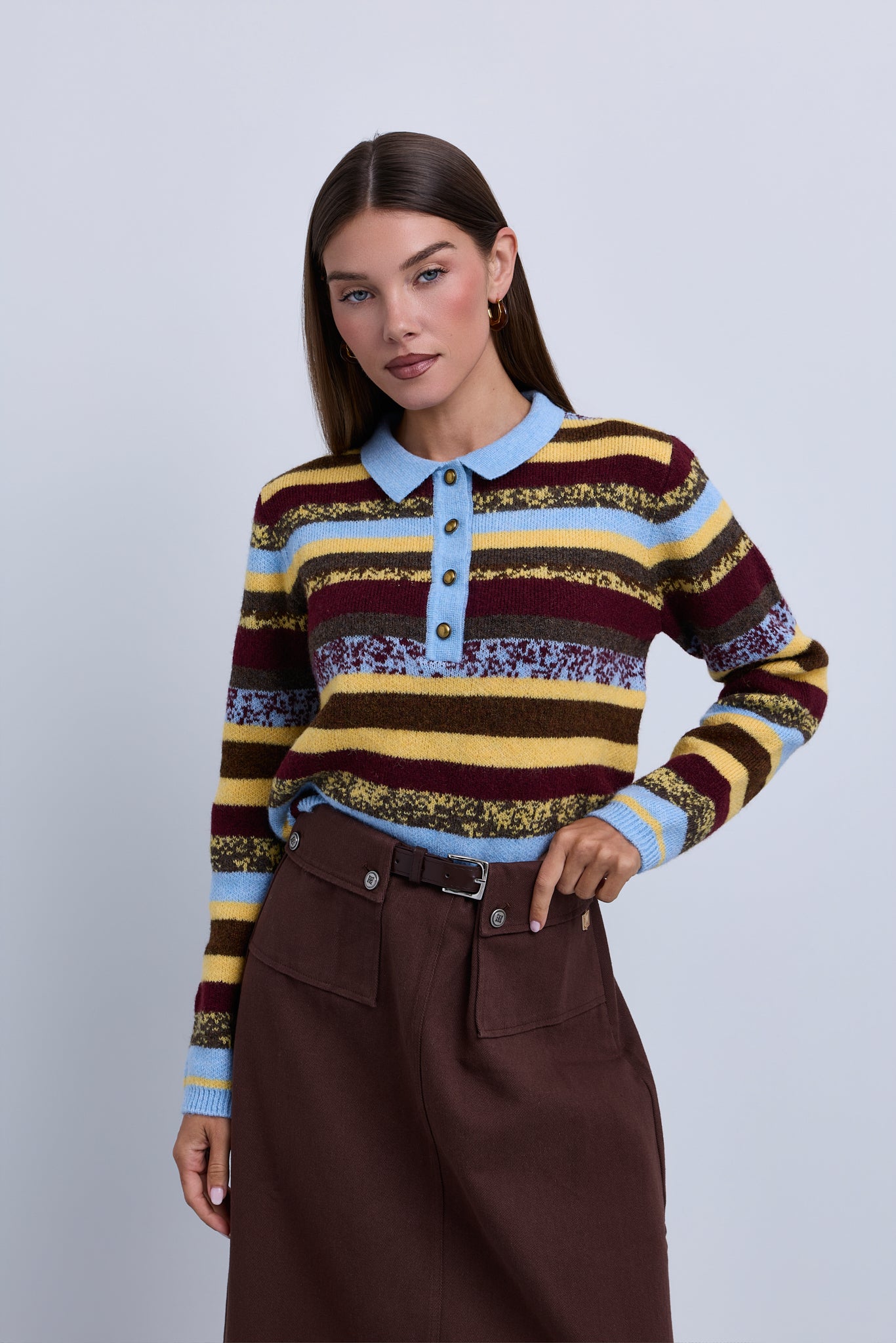 Colour Block Stripey Polo Style Knit Top