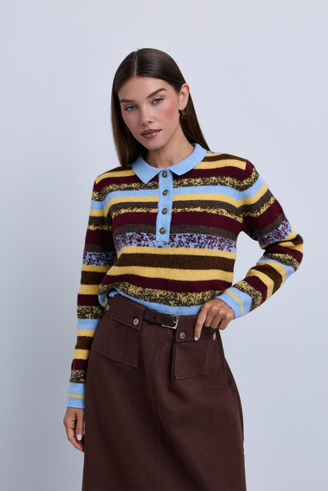 Colour Block Stripey Polo Style Knit Top