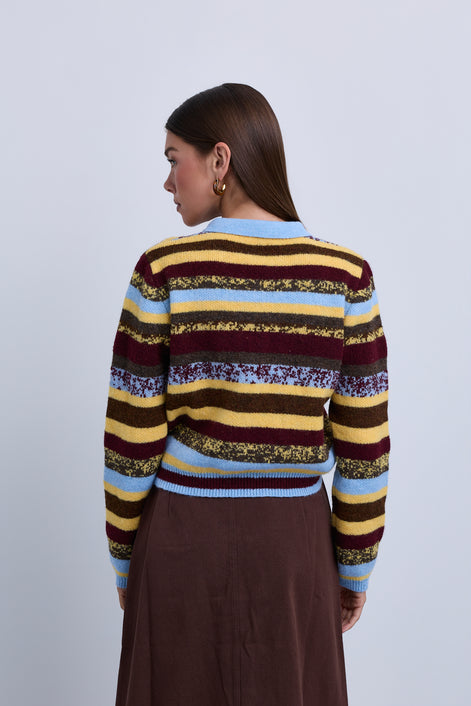 Colour Block Stripey Polo Style Knit Top