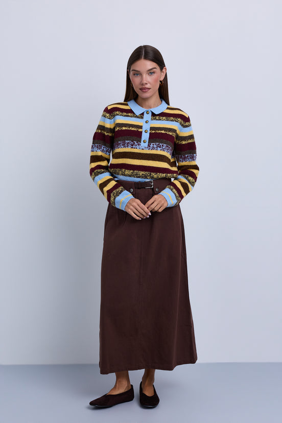 Colour Block Stripey Polo Style Knit Top