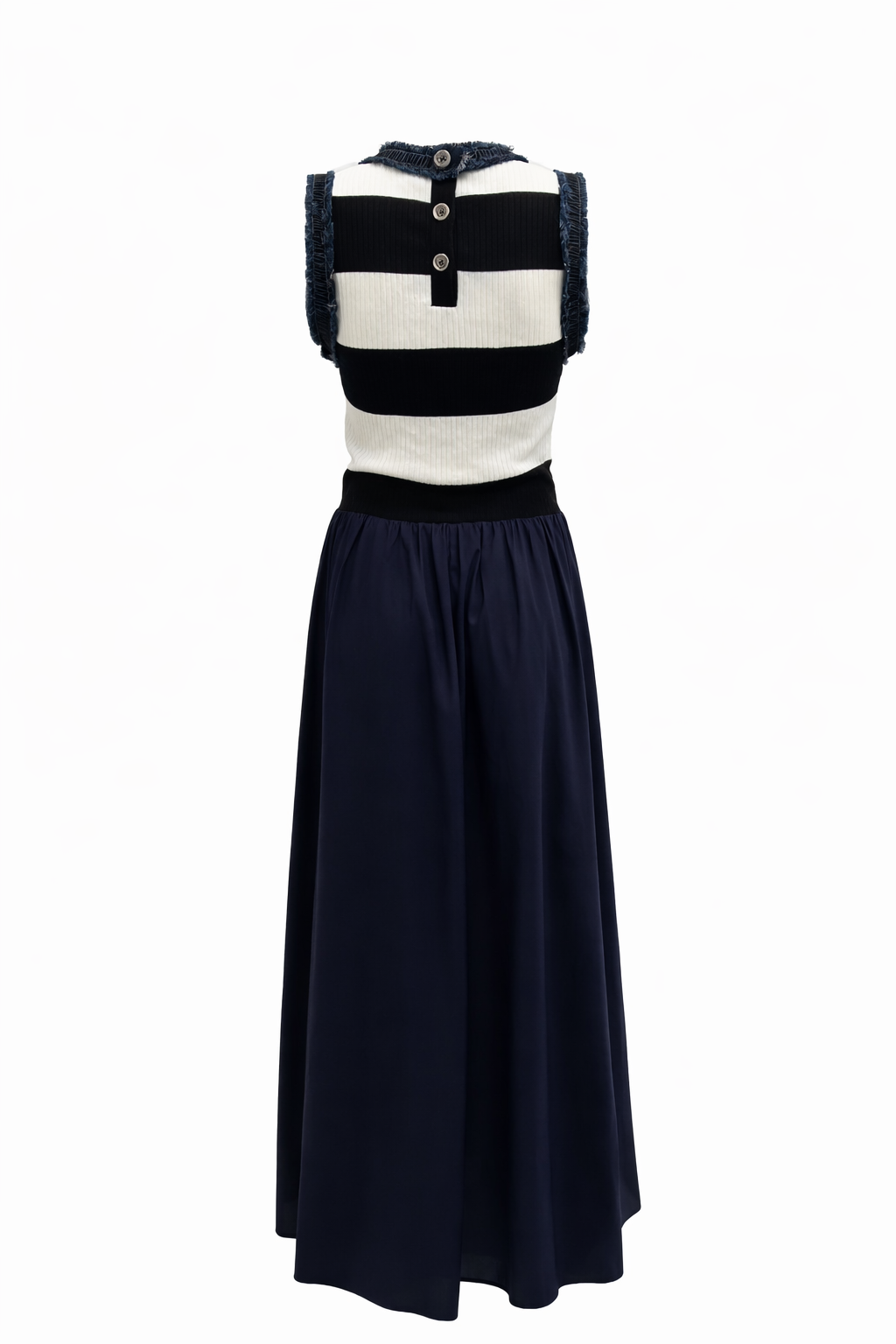 Wide Stripe Top & Full Skirt Sleeveless Dress with Raw Denim Finishes