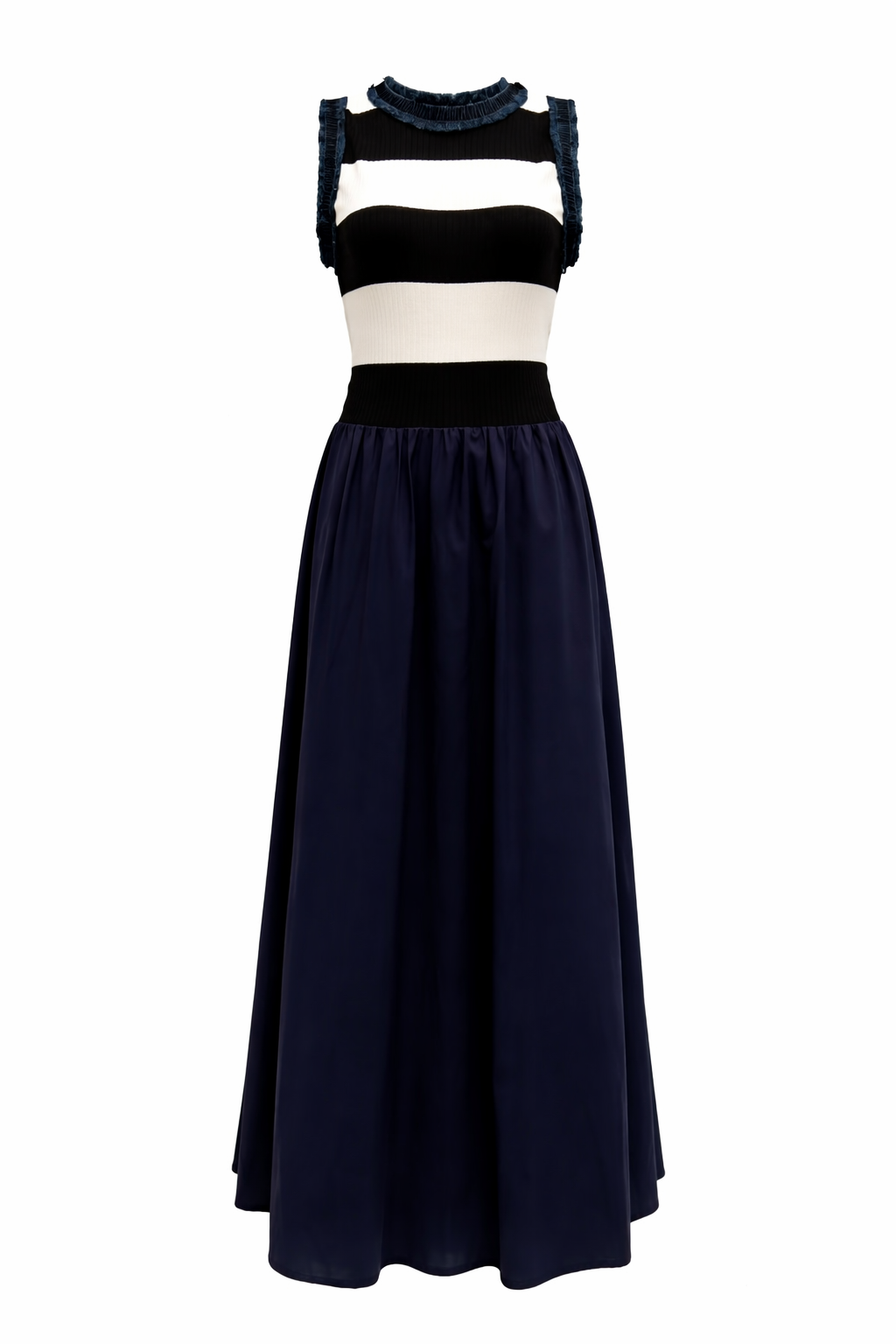 Wide Stripe Top & Full Skirt Sleeveless Dress with Raw Denim Finishes
