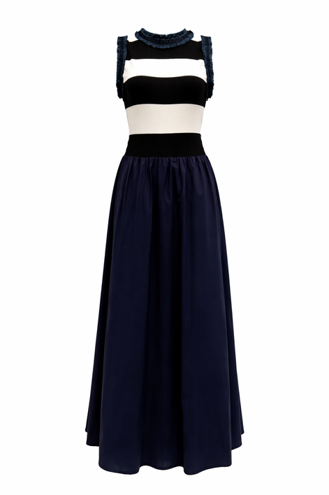 Wide Stripe Top & Full Skirt Sleeveless Dress with Raw Denim Finishes