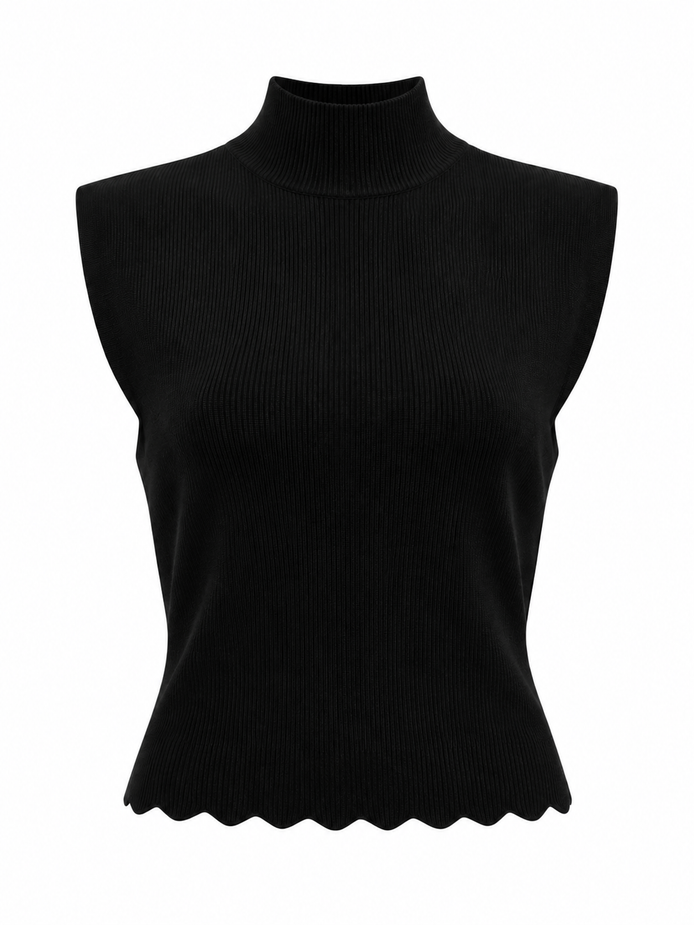 Sleeveless Vest with Scallop Edge and Pin Applique - Black