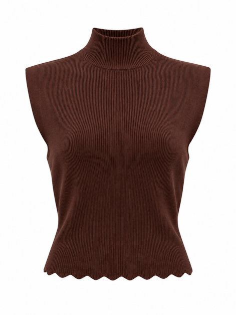 Sleeveless Vest with Scallop Edge and Pin Applique - Brown