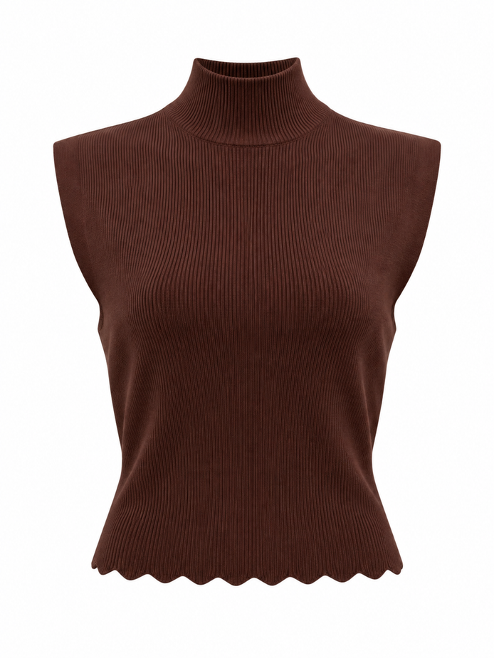 Sleeveless Vest with Scallop Edge and Pin Applique - Brown