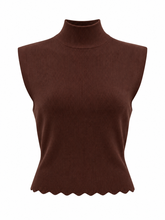 Sleeveless Vest with Scallop Edge and Pin Applique - Brown