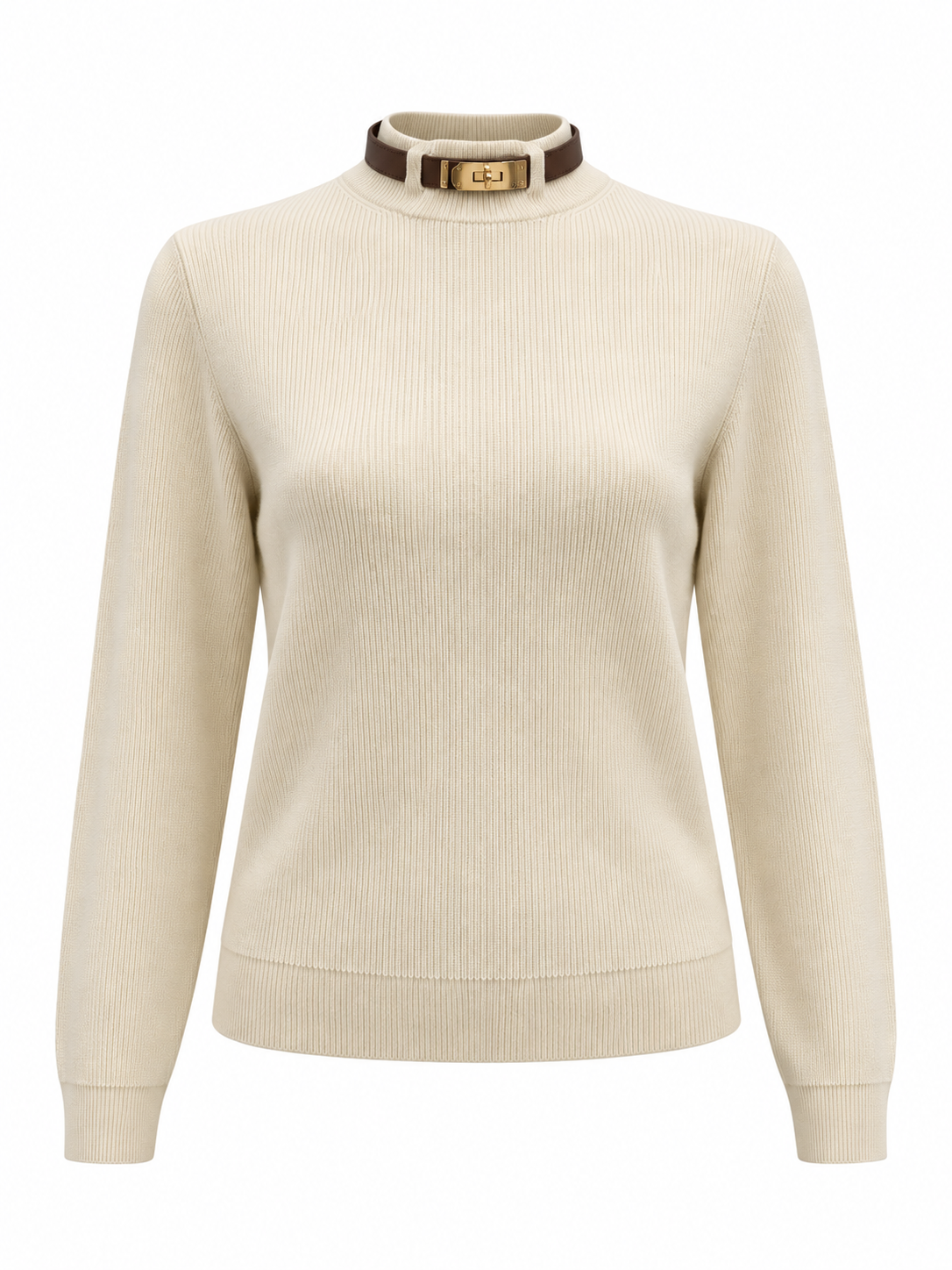 Buckle Collar Mock Neck Knit Sweater - Cream