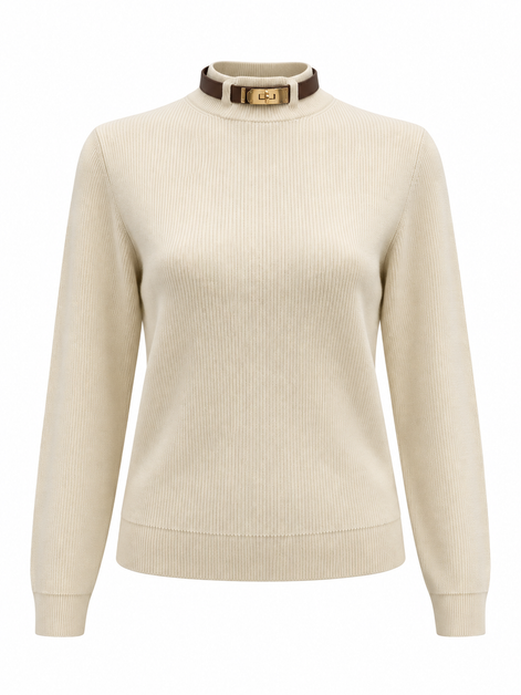 Buckle Collar Mock Neck Knit Sweater - Cream