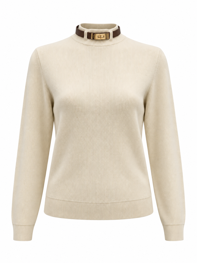 Buckle Collar Mock Neck Knit Sweater - Cream