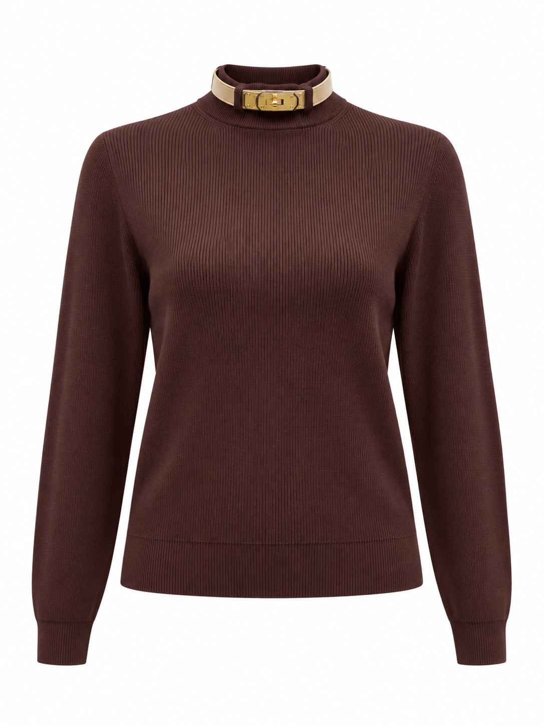 Buckle Collar Mock Neck Knit Sweater - Cream