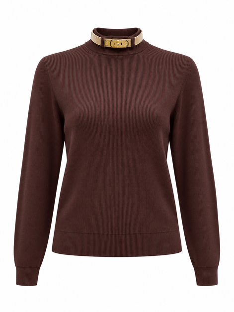 Buckle Collar Mock Neck Knit Sweater - Cream