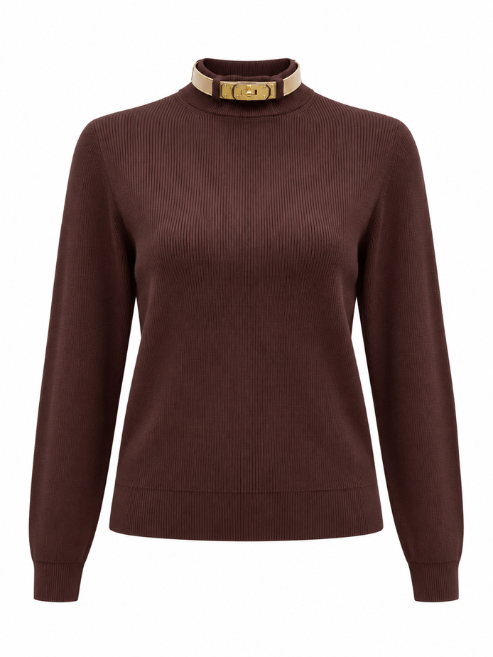 Buckle Collar Mock Neck Knit Sweater - Brown