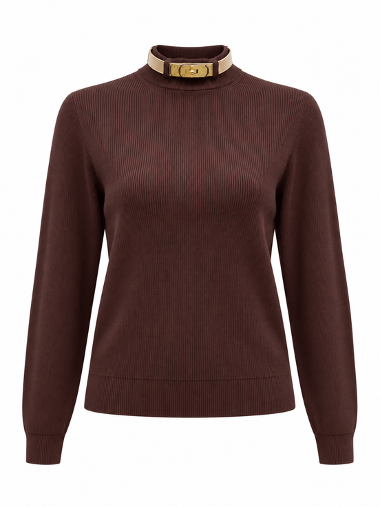 Buckle Collar Mock Neck Knit Sweater - Brown