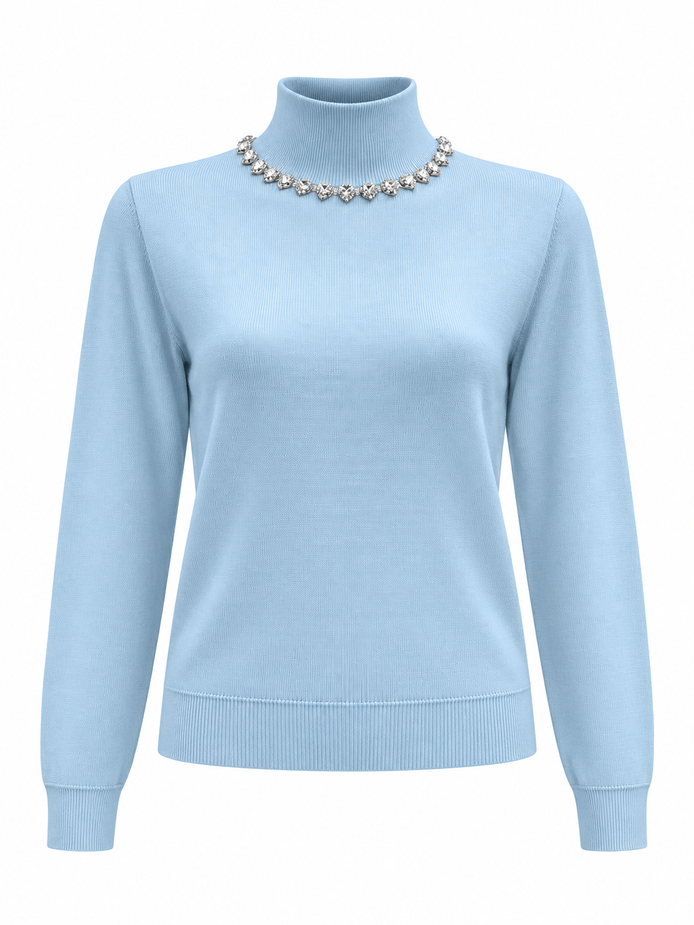 Fine Knit Hi Neck Top with embellished Neckline - Light Blue