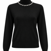 Fine Knit Hi Neck Top with embellished Neckline - Black