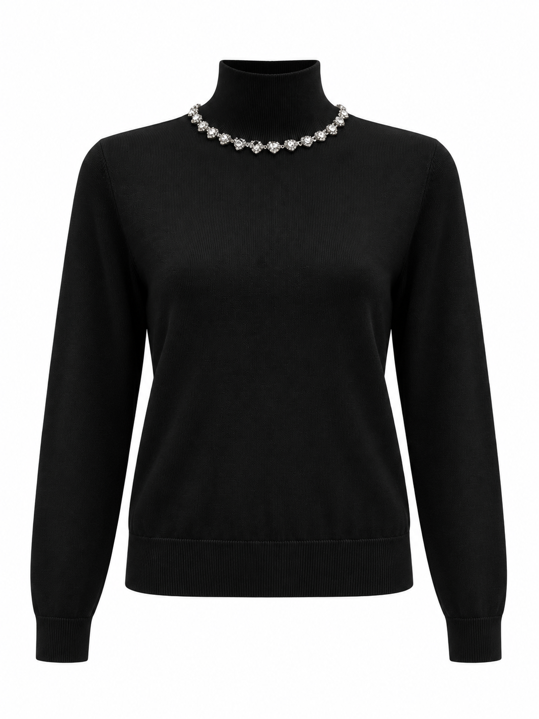 Fine Knit Hi Neck Top with embellished Neckline - Black