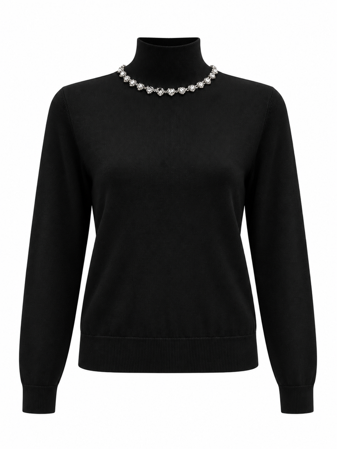 Fine Knit Hi Neck Top with embellished Neckline - Black