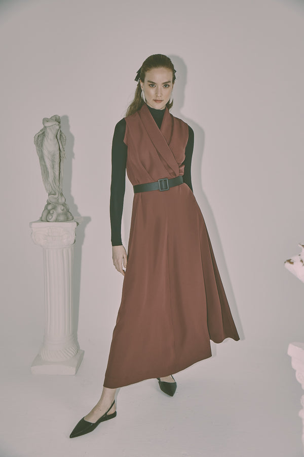 Crossover Sleeveless Dress with Faux Leather Belt