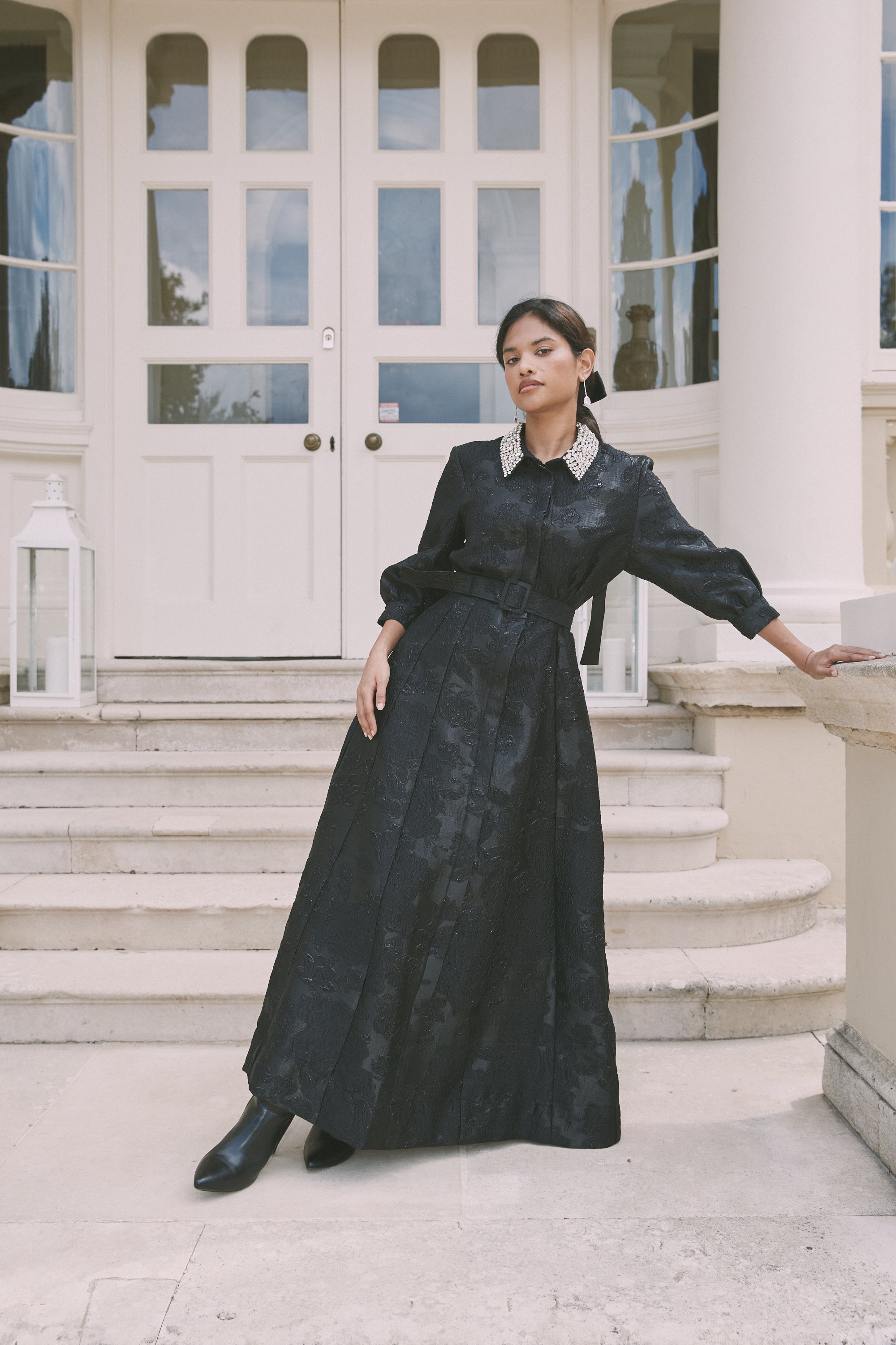 Brocade Gown with Embellished Collar