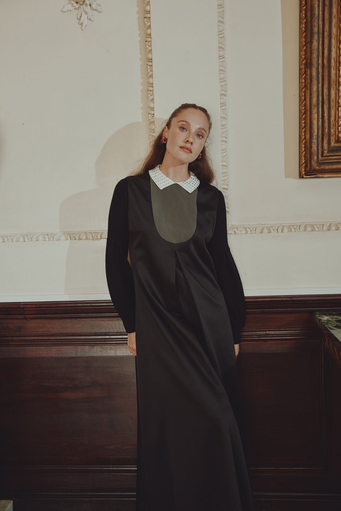 Aline Maxi Dress with Rounded Bib and Inverted Back Pleat