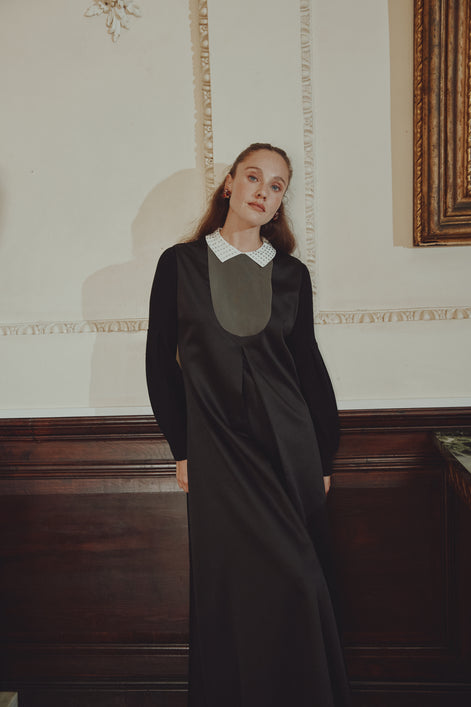 Aline Maxi Dress with Rounded Bib and Inverted Back Pleat